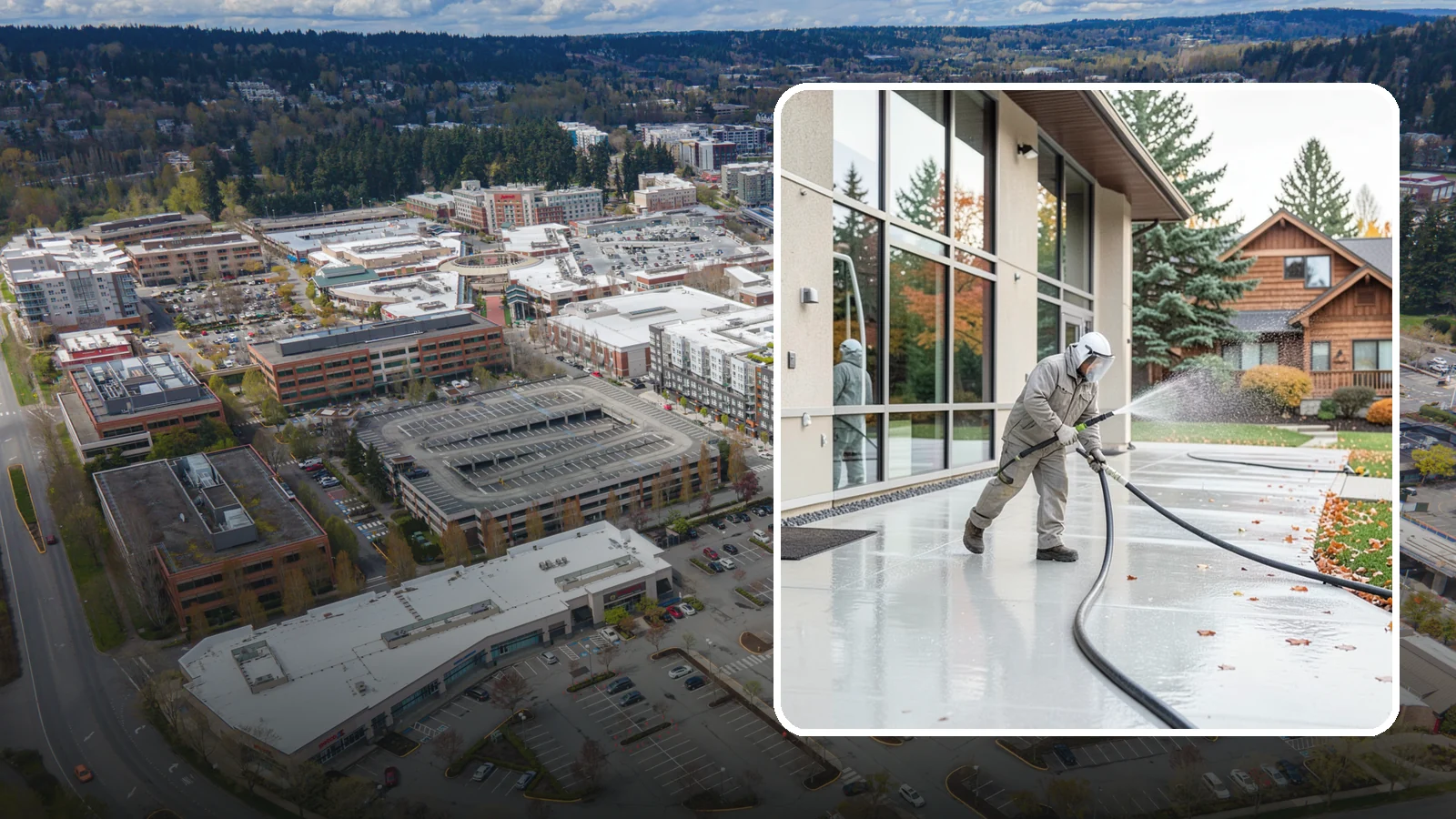 Office Building Washing in Redmond, King County, WA - Our team washes office building exteriors across Washington to keep entrances, walkways, and cladding crisp for staff and clients.