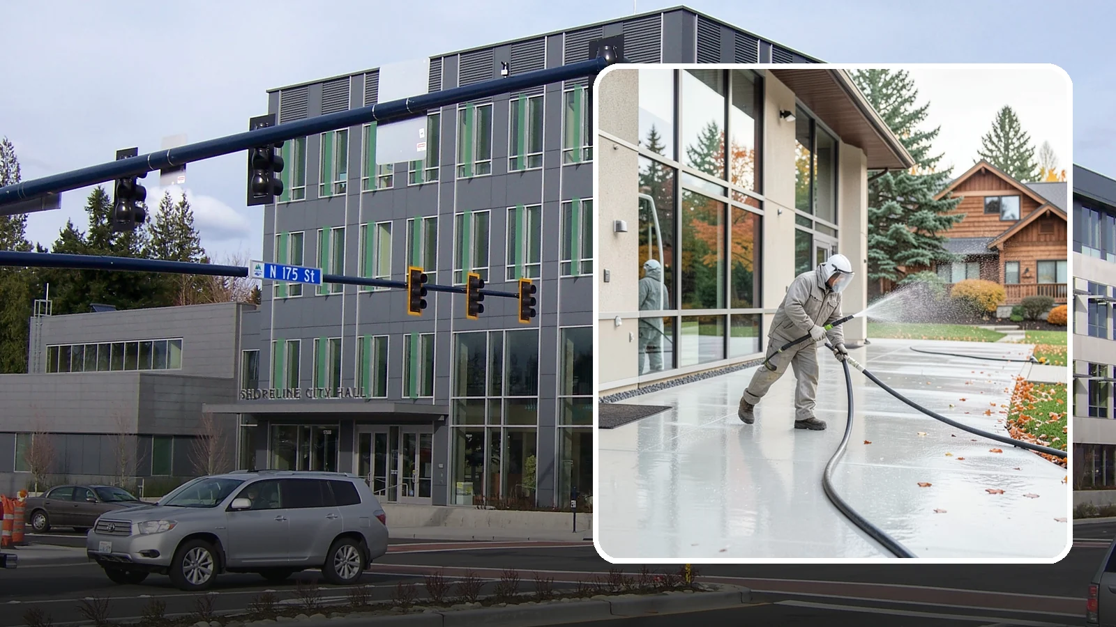 Office Building Washing in Shoreline, King County, WA - Our team washes office building exteriors across Washington to keep entrances, walkways, and cladding crisp for staff and clients.
