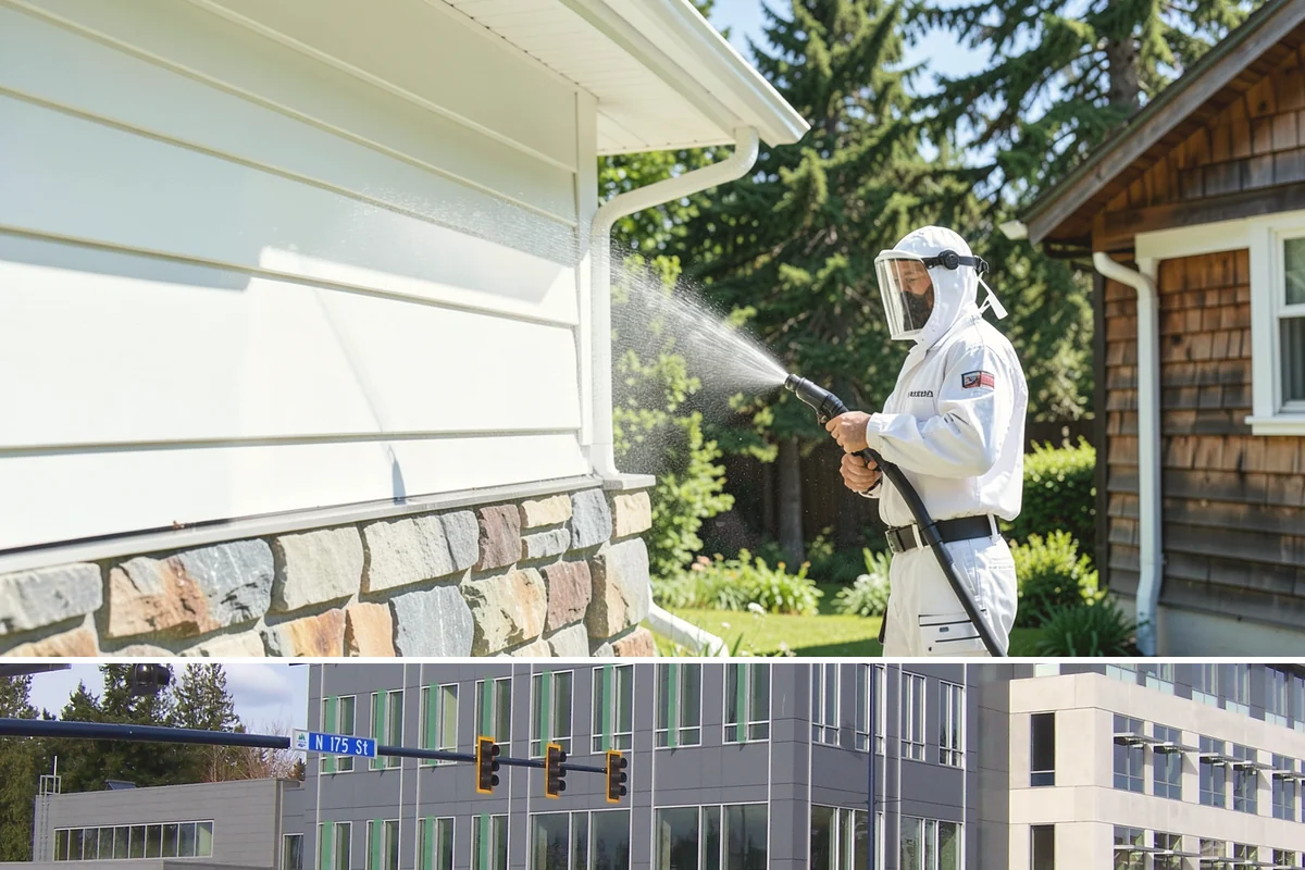 Office Building Washing in Shoreline, King County, WA - Annual washing in mid-summer captures the best drying conditions, with entry areas refreshed each quarter.