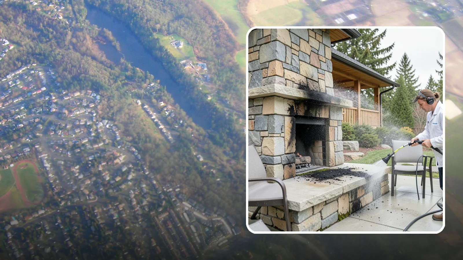 Outdoor Fireplace Cleaning in Algona, King County, WA - Clean outdoor fireplace masonry to remove soot, smoke staining, and the moss that grows on the shaded stone.