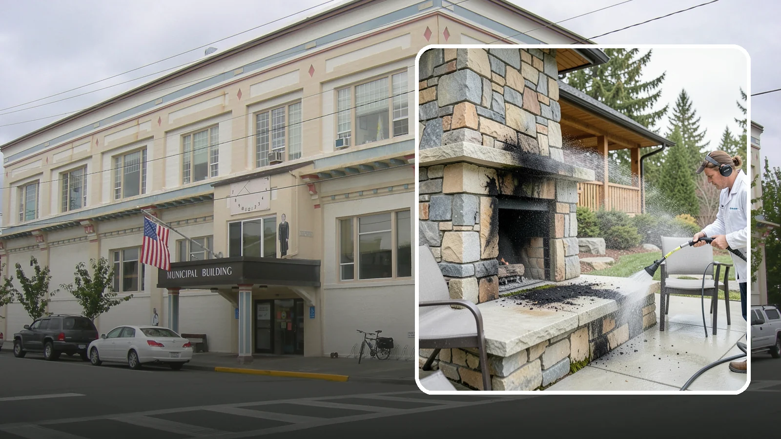 Outdoor Fireplace Cleaning in Anacortes, Skagit County, WA - Clean outdoor fireplace masonry to remove soot, smoke staining, and the moss that grows on the shaded stone.