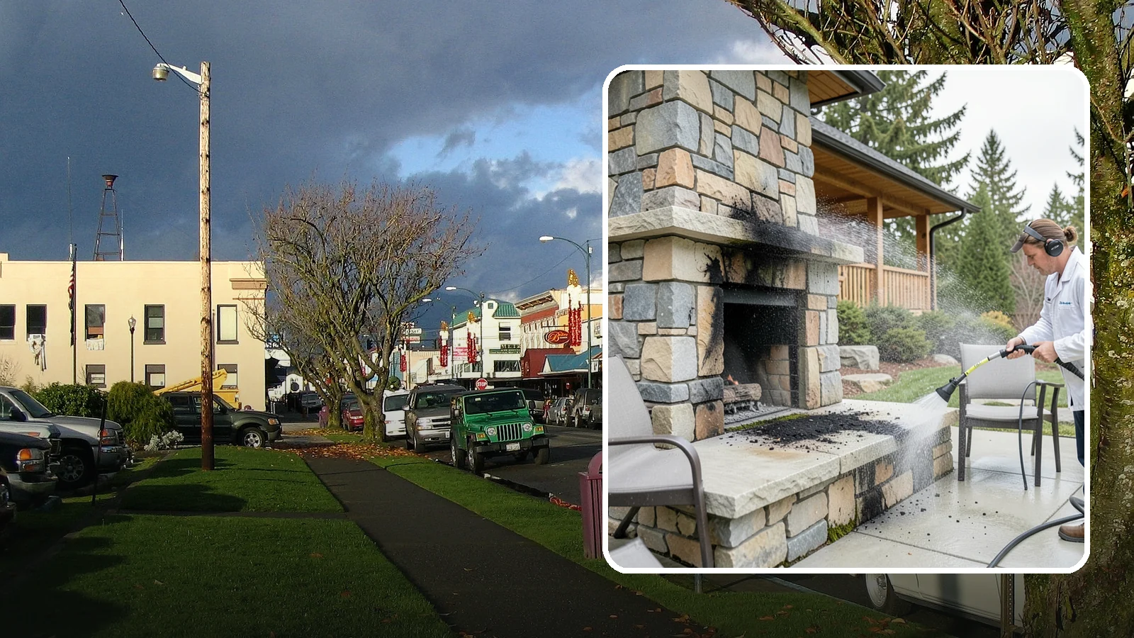 Outdoor Fireplace Cleaning in Arlington, Snohomish County, WA - Clean outdoor fireplace masonry to remove soot, smoke staining, and the moss that grows on the shaded stone.