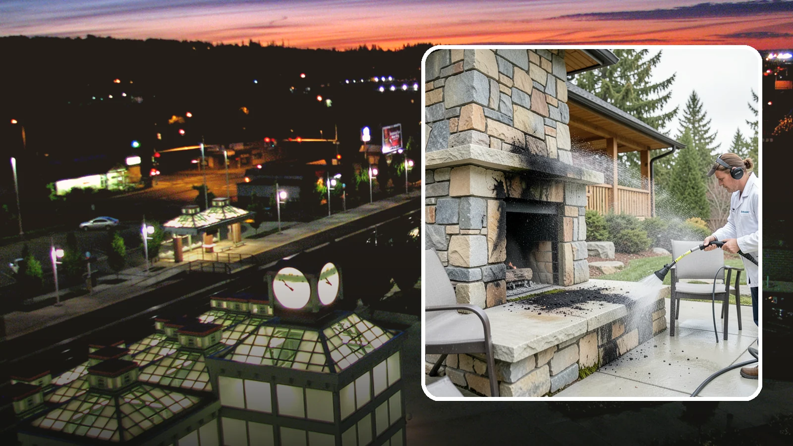 Outdoor Fireplace Cleaning in Auburn, King County, WA - Clean outdoor fireplace masonry to remove soot, smoke staining, and the moss that grows on the shaded stone.