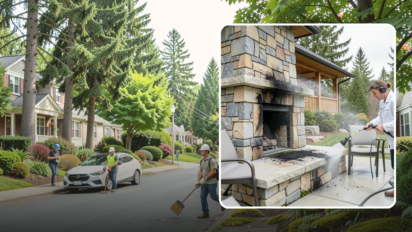 Outdoor Fireplace Cleaning in Beaux Arts Village, King County, WA - Clean outdoor fireplace masonry to remove soot, smoke staining, and the moss that grows on the shaded stone.