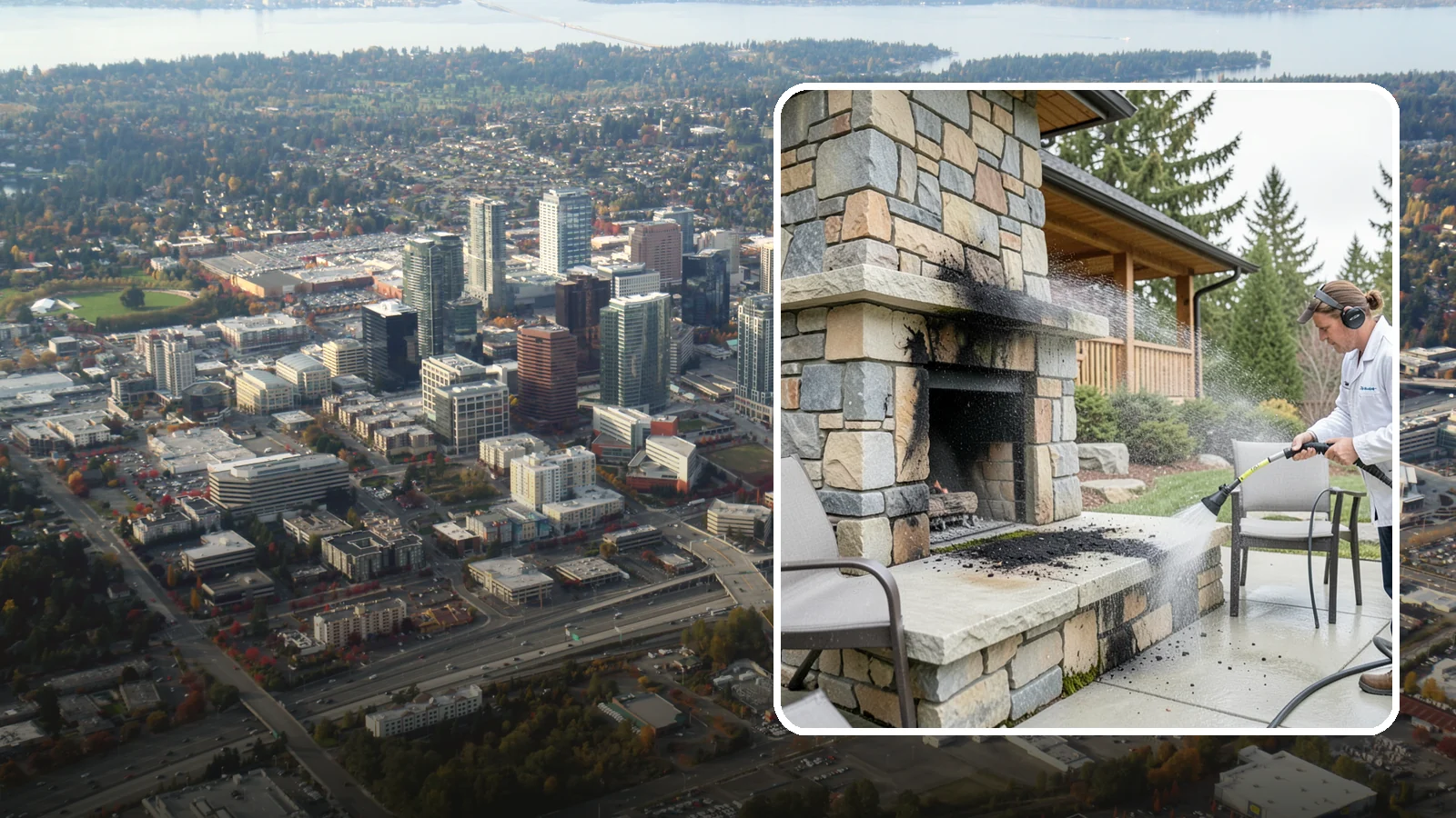 Outdoor Fireplace Cleaning in Bellevue, King County, WA - Clean outdoor fireplace masonry to remove soot, smoke staining, and the moss that grows on the shaded stone.