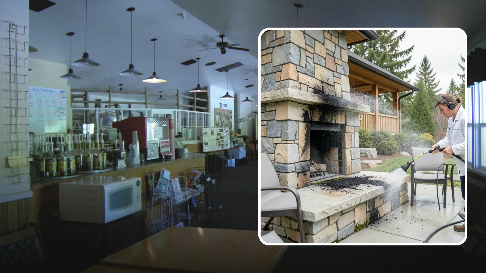 Outdoor Fireplace Cleaning in Black Diamond, King County, WA - Clean outdoor fireplace masonry to remove soot, smoke staining, and the moss that grows on the shaded stone.