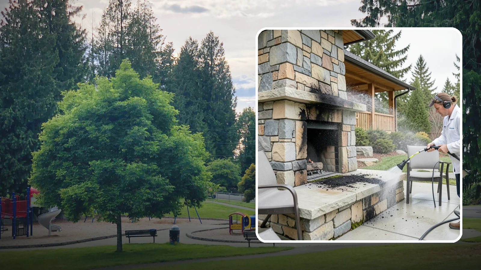 Outdoor Fireplace Cleaning in Bonney Lake, Pierce County, WA - Clean outdoor fireplace masonry to remove soot, smoke staining, and the moss that grows on the shaded stone.