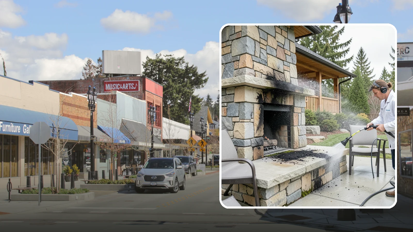 Outdoor Fireplace Cleaning in Bothell, King County, WA - Clean outdoor fireplace masonry to remove soot, smoke staining, and the moss that grows on the shaded stone.