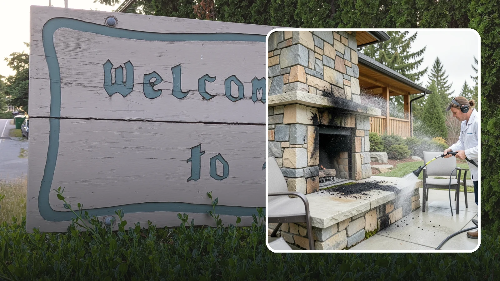Outdoor Fireplace Cleaning in Brier, Snohomish County, WA - Clean outdoor fireplace masonry to remove soot, smoke staining, and the moss that grows on the shaded stone.