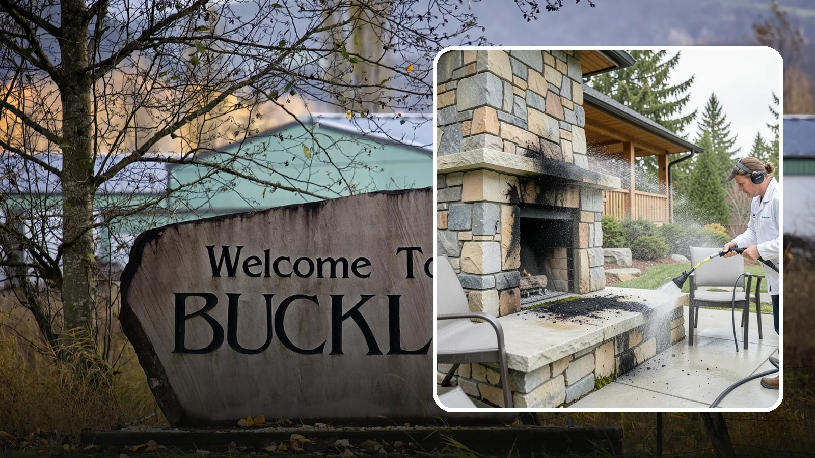 Outdoor Fireplace Cleaning in Buckley, Pierce County, WA - Clean outdoor fireplace masonry to remove soot, smoke staining, and the moss that grows on the shaded stone.