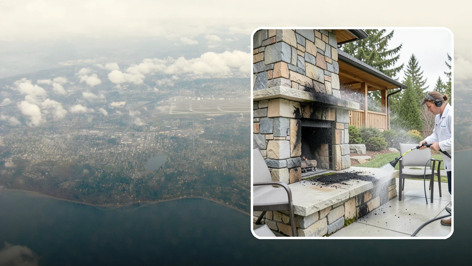 Outdoor Fireplace Cleaning in Burien, King County, WA - Clean outdoor fireplace masonry to remove soot, smoke staining, and the moss that grows on the shaded stone.
