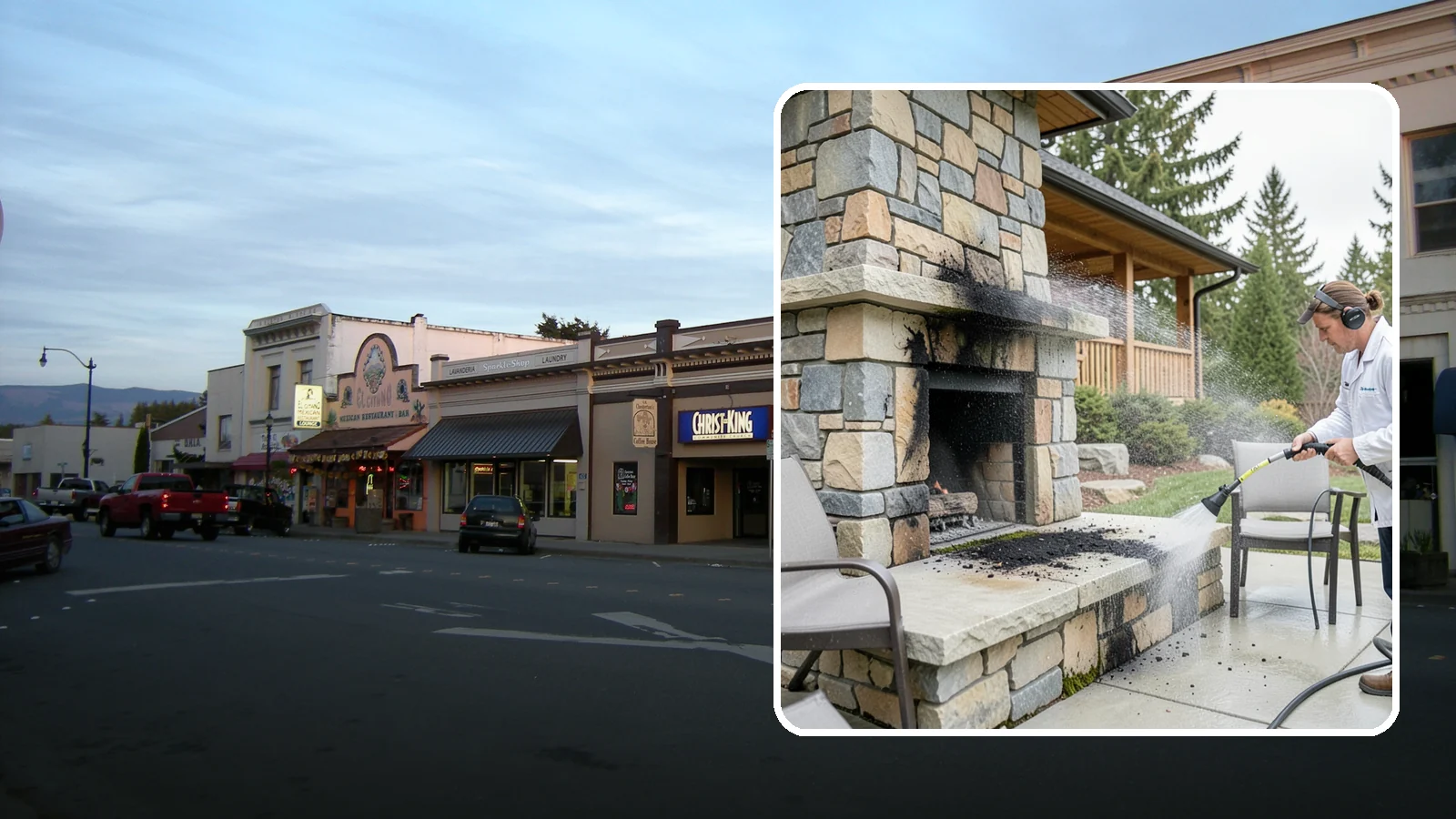 Outdoor Fireplace Cleaning in Burlington, Skagit County, WA - Clean outdoor fireplace masonry to remove soot, smoke staining, and the moss that grows on the shaded stone.