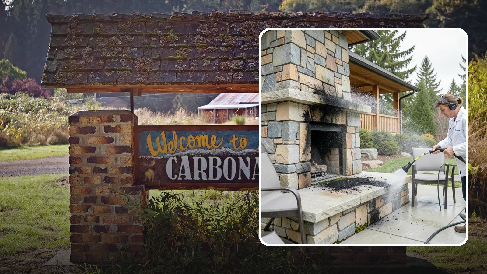 Outdoor Fireplace Cleaning in Carbonado, Pierce County, WA - Clean outdoor fireplace masonry to remove soot, smoke staining, and the moss that grows on the shaded stone.