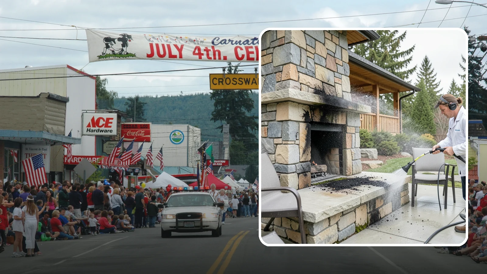 Outdoor Fireplace Cleaning in Carnation, King County, WA - Clean outdoor fireplace masonry to remove soot, smoke staining, and the moss that grows on the shaded stone.