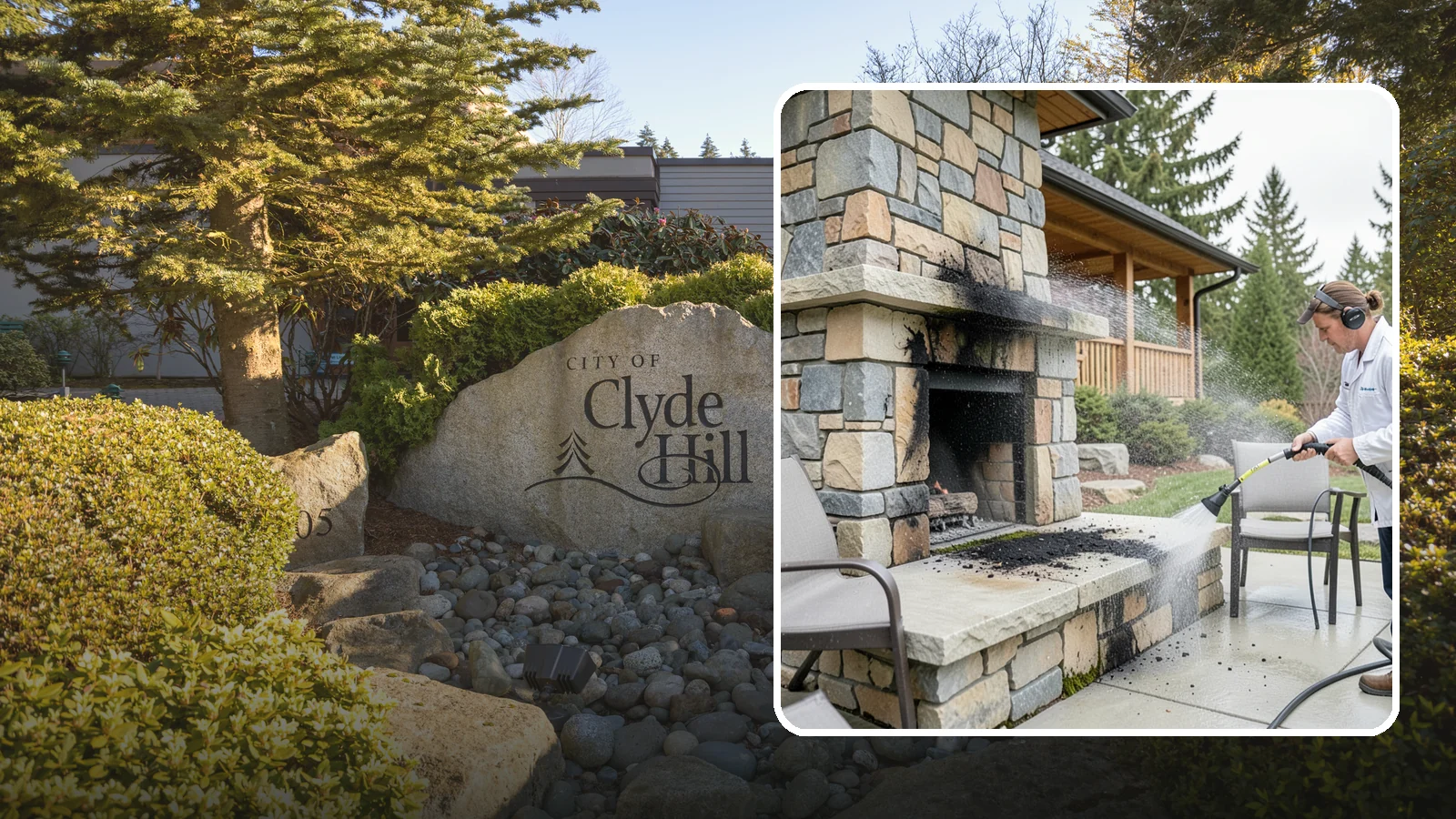 Outdoor Fireplace Cleaning in Clyde Hill, King County, WA - Clean outdoor fireplace masonry to remove soot, smoke staining, and the moss that grows on the shaded stone.