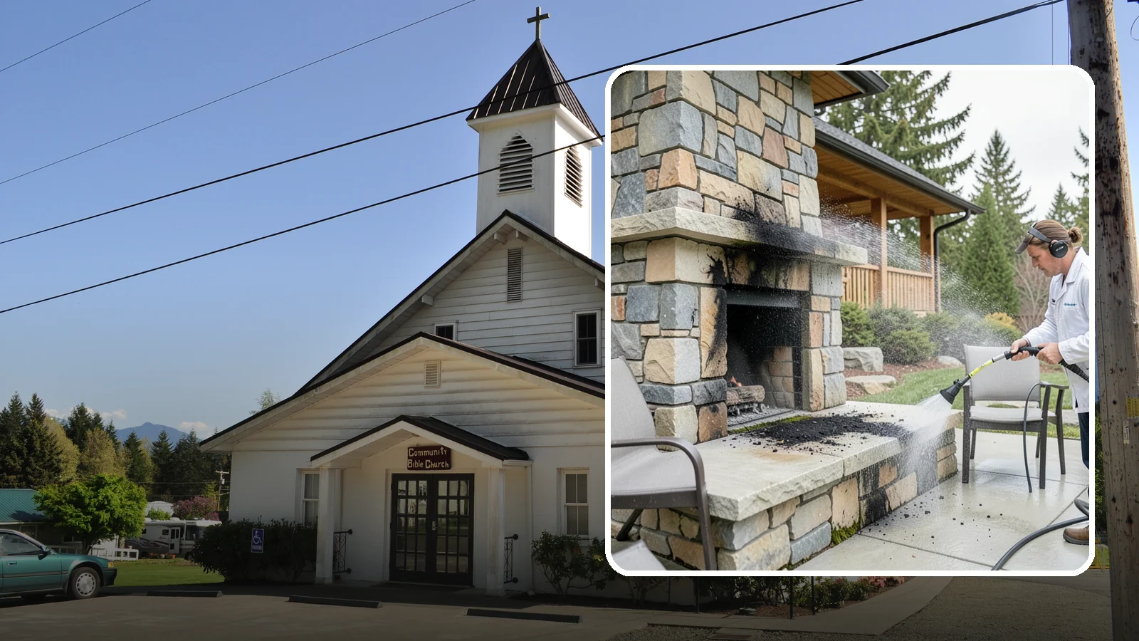 Outdoor Fireplace Cleaning in Concrete, Skagit County, WA - Clean outdoor fireplace masonry to remove soot, smoke staining, and the moss that grows on the shaded stone.
