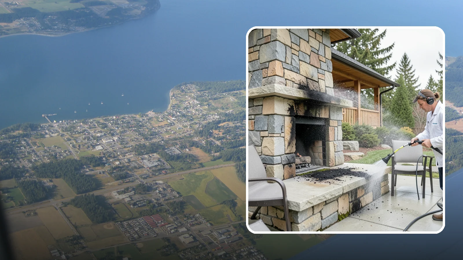 Outdoor Fireplace Cleaning in Coupeville, Island County, WA - Clean outdoor fireplace masonry to remove soot, smoke staining, and the moss that grows on the shaded stone.