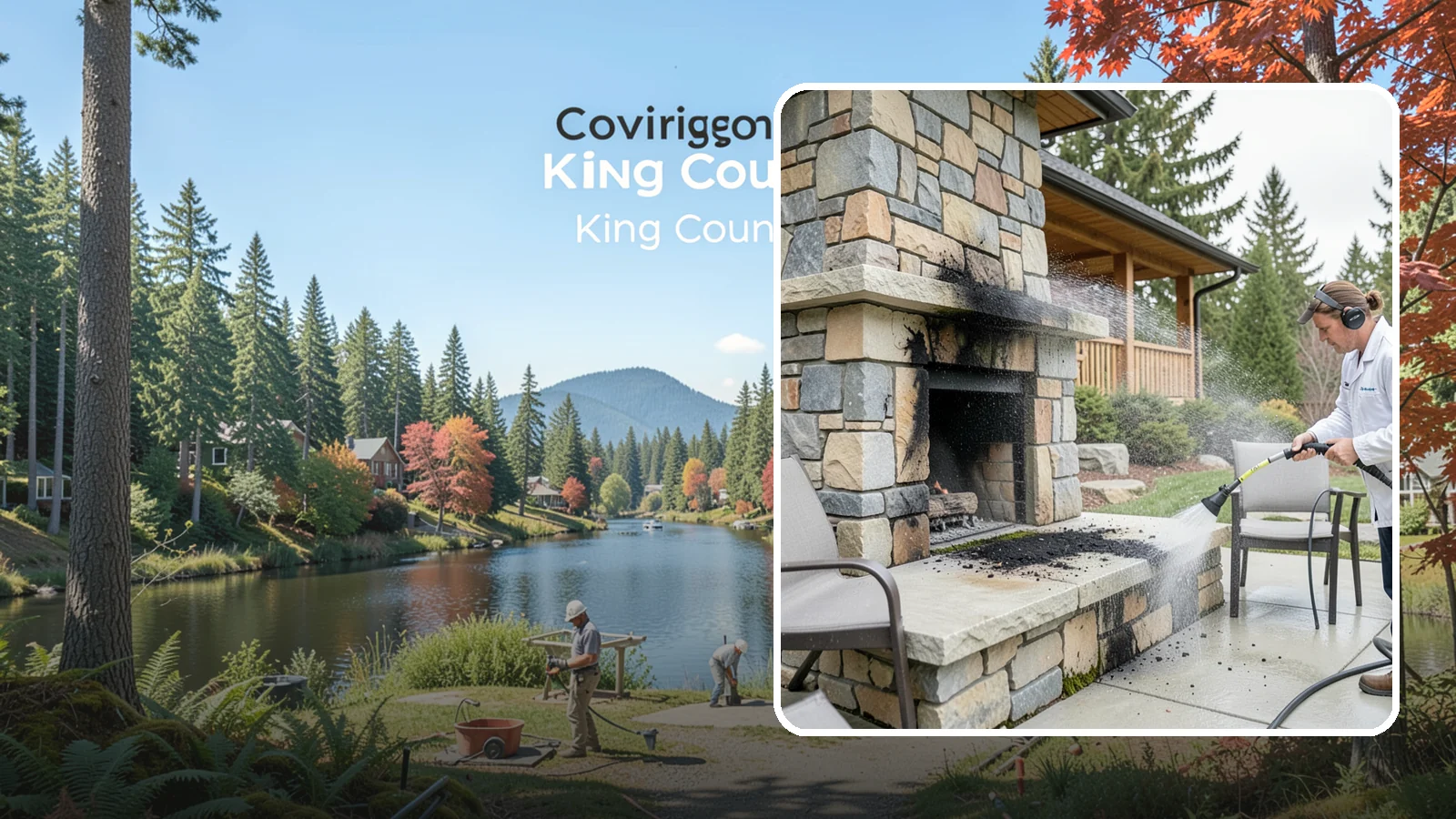 Outdoor Fireplace Cleaning in Covington, King County, WA - Clean outdoor fireplace masonry to remove soot, smoke staining, and the moss that grows on the shaded stone.