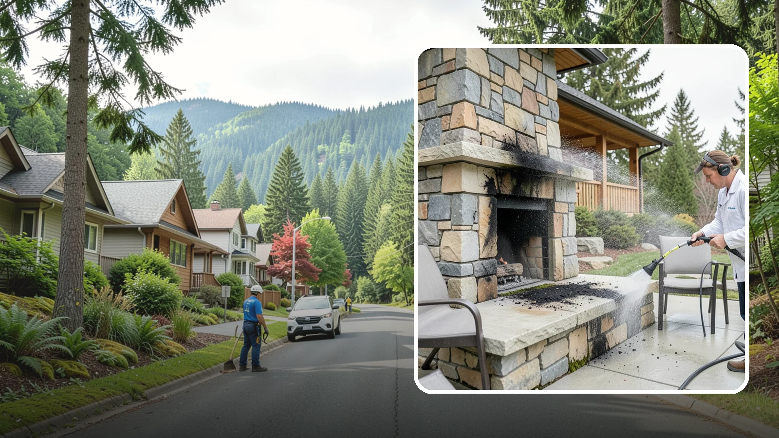 Outdoor Fireplace Cleaning in Darrington, Snohomish County, WA - Clean outdoor fireplace masonry to remove soot, smoke staining, and the moss that grows on the shaded stone.