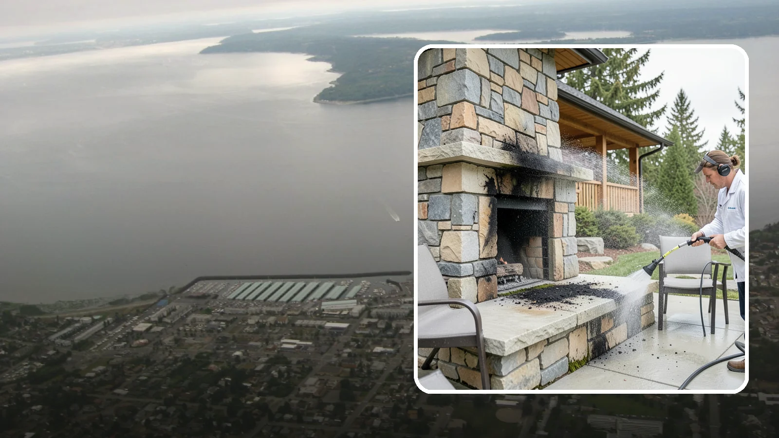 Outdoor Fireplace Cleaning in Des Moines, King County, WA - Clean outdoor fireplace masonry to remove soot, smoke staining, and the moss that grows on the shaded stone.