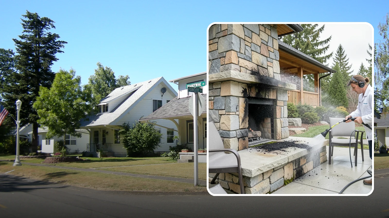Outdoor Fireplace Cleaning in DuPont, Pierce County, WA - Clean outdoor fireplace masonry to remove soot, smoke staining, and the moss that grows on the shaded stone.