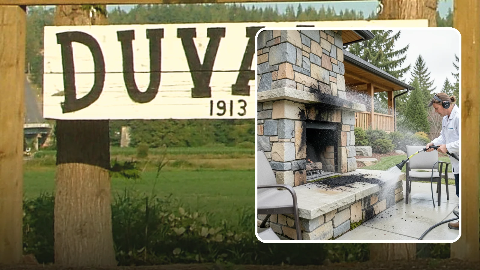 Outdoor Fireplace Cleaning in Duvall, King County, WA - Clean outdoor fireplace masonry to remove soot, smoke staining, and the moss that grows on the shaded stone.