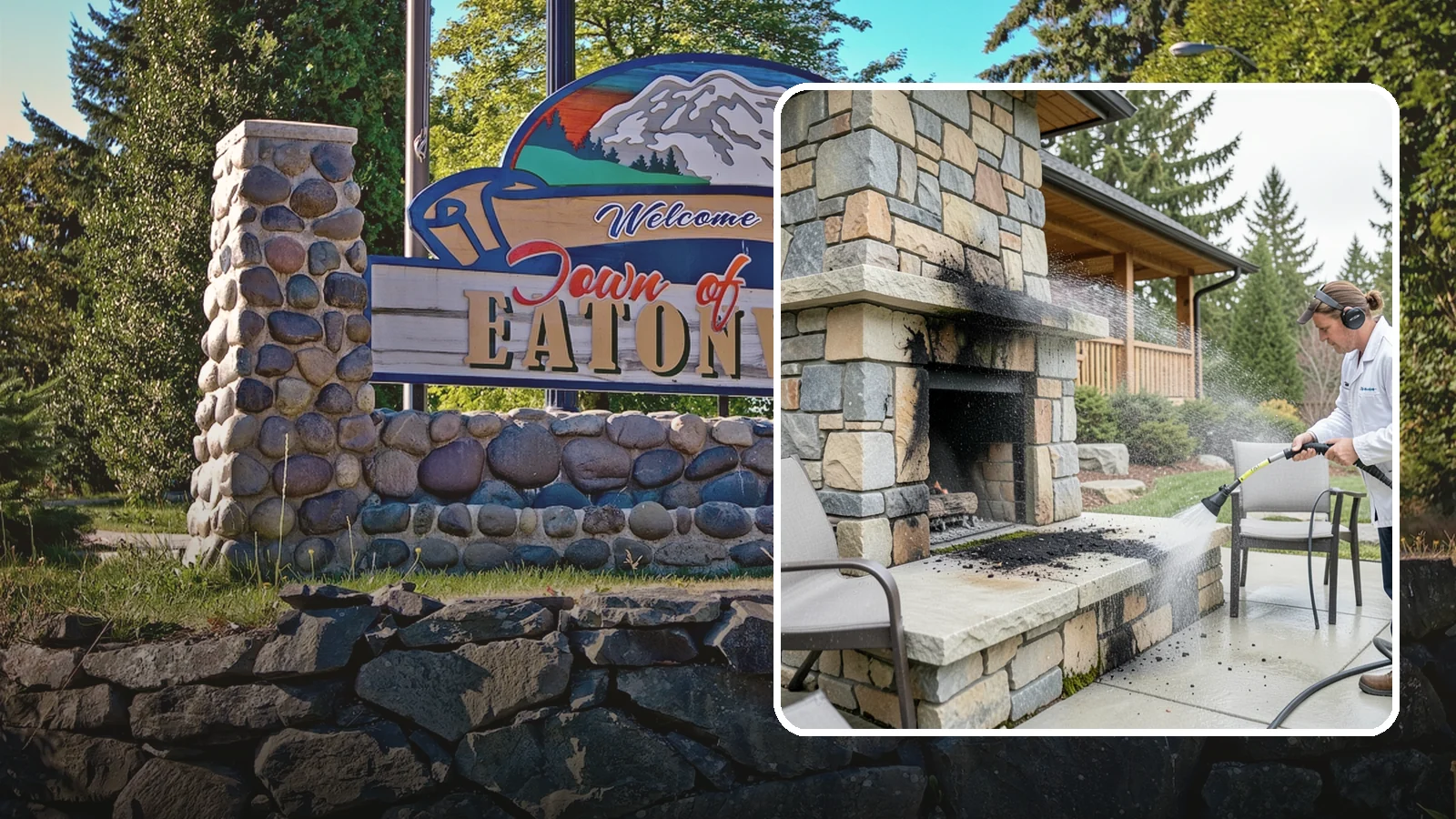 Outdoor Fireplace Cleaning in Eatonville, Pierce County, WA - Clean outdoor fireplace masonry to remove soot, smoke staining, and the moss that grows on the shaded stone.