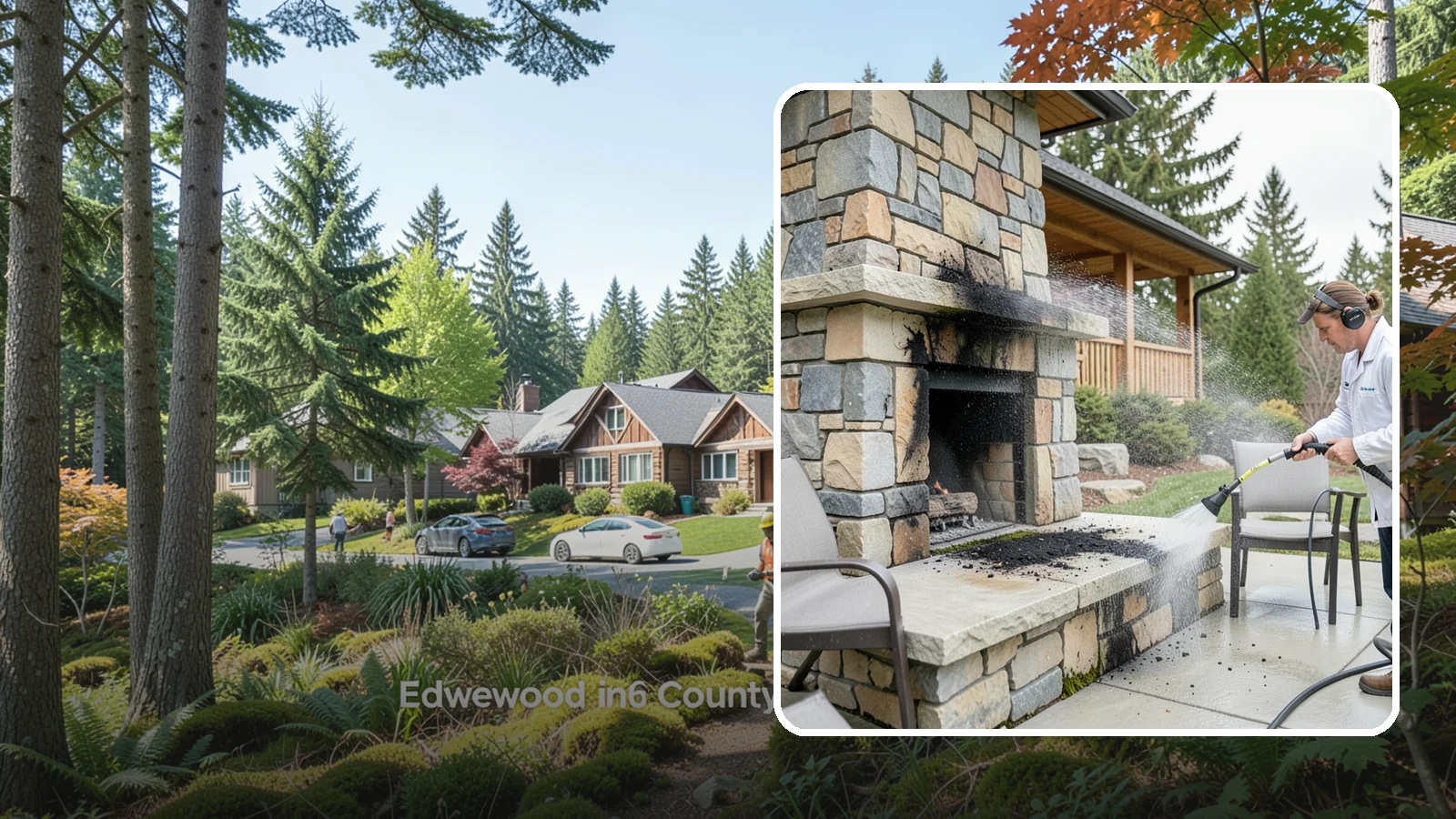Outdoor Fireplace Cleaning in Edgewood, Pierce County, WA - Clean outdoor fireplace masonry to remove soot, smoke staining, and the moss that grows on the shaded stone.