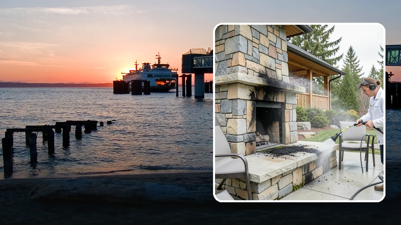 Outdoor Fireplace Cleaning in Edmonds, Snohomish County, WA - Clean outdoor fireplace masonry to remove soot, smoke staining, and the moss that grows on the shaded stone.