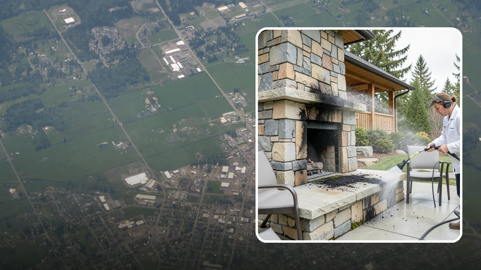 Outdoor Fireplace Cleaning in Enumclaw, King County, WA - Clean outdoor fireplace masonry to remove soot, smoke staining, and the moss that grows on the shaded stone.