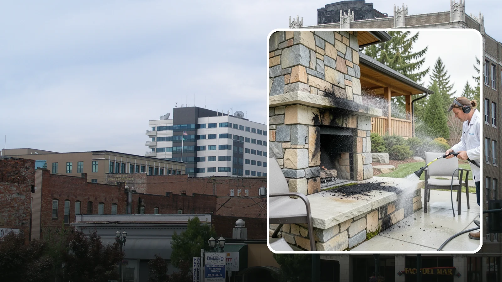 Outdoor Fireplace Cleaning in Everett, Snohomish County, WA - Clean outdoor fireplace masonry to remove soot, smoke staining, and the moss that grows on the shaded stone.