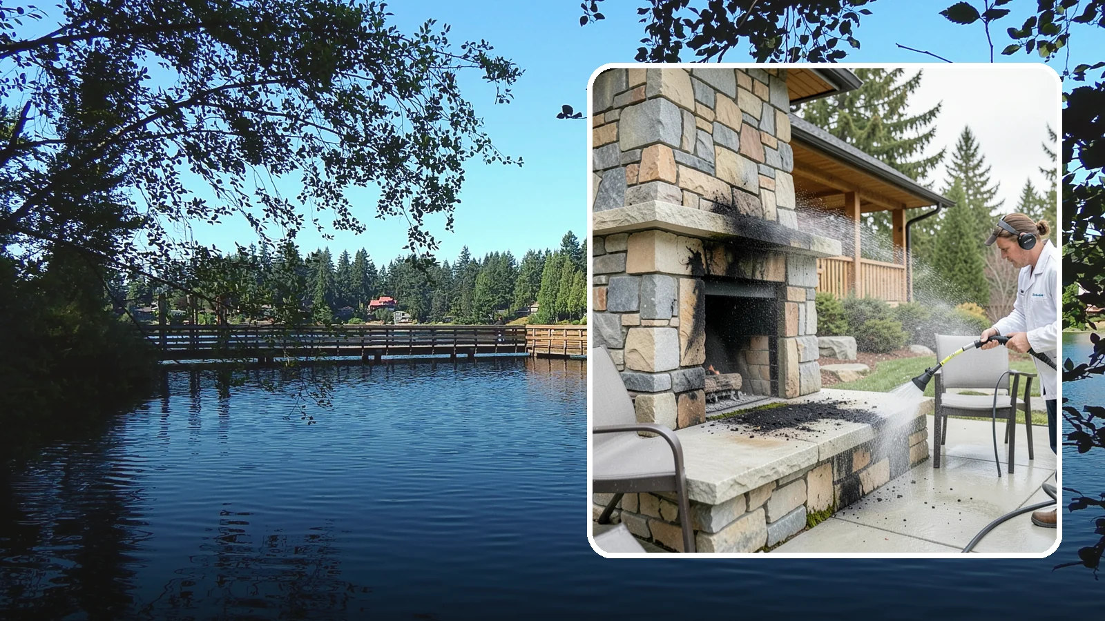 Outdoor Fireplace Cleaning in Federal Way, King County, WA - Clean outdoor fireplace masonry to remove soot, smoke staining, and the moss that grows on the shaded stone.