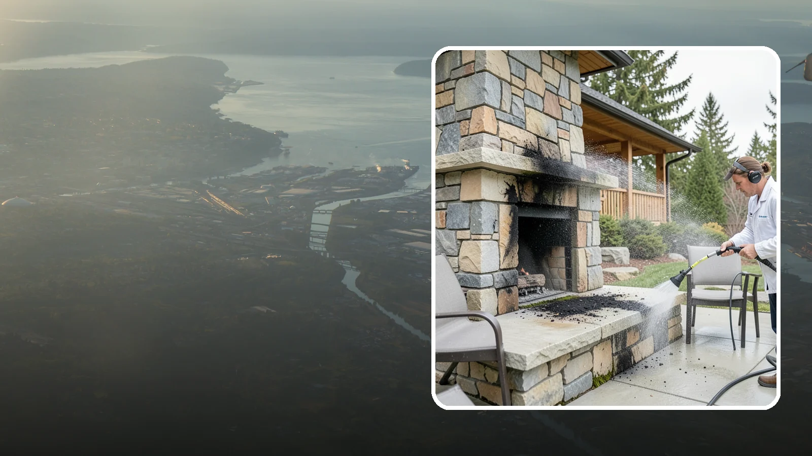 Outdoor Fireplace Cleaning in Fife, Pierce County, WA - Clean outdoor fireplace masonry to remove soot, smoke staining, and the moss that grows on the shaded stone.