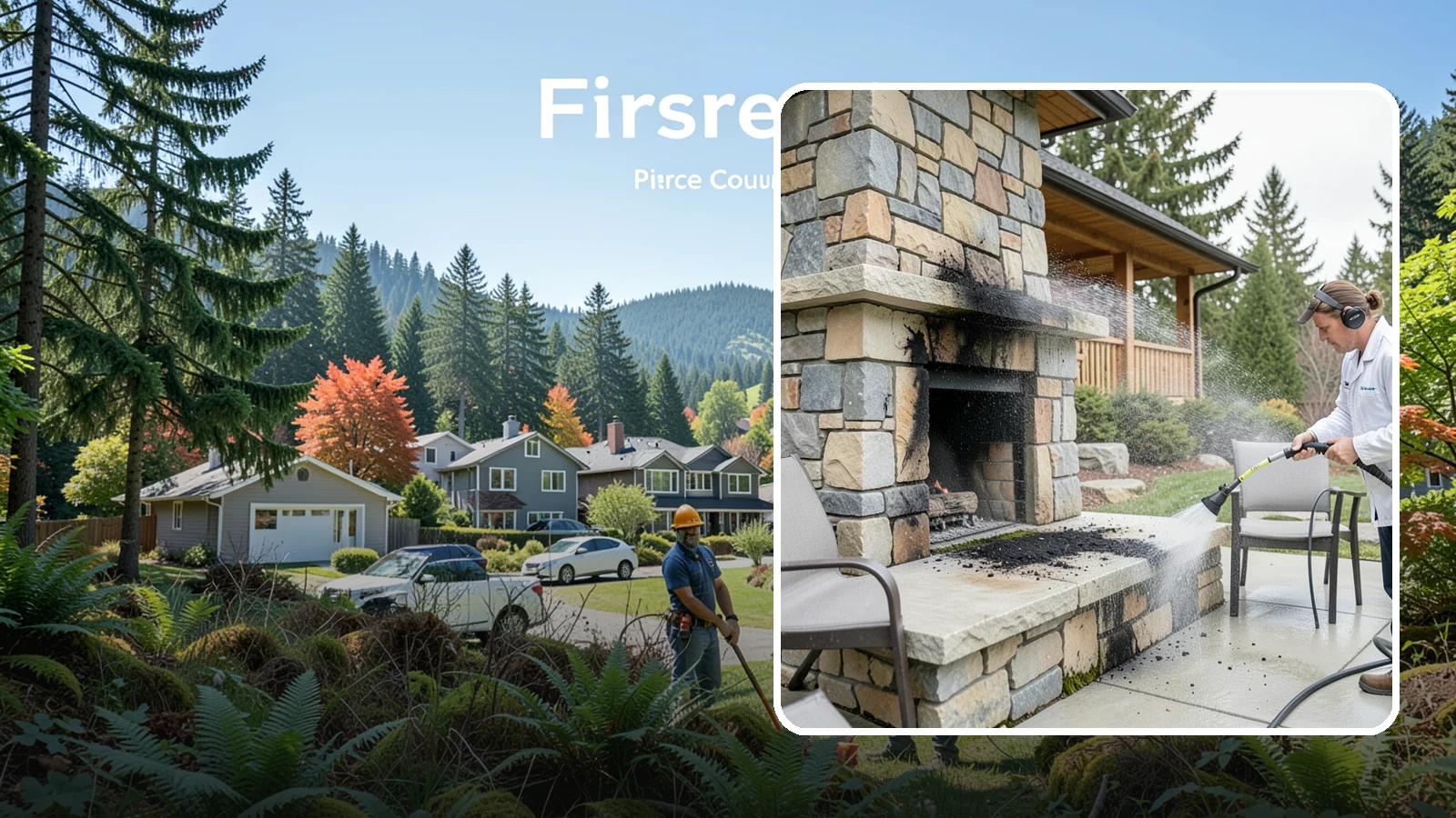 Outdoor Fireplace Cleaning in Fircrest, Pierce County, WA - Clean outdoor fireplace masonry to remove soot, smoke staining, and the moss that grows on the shaded stone.