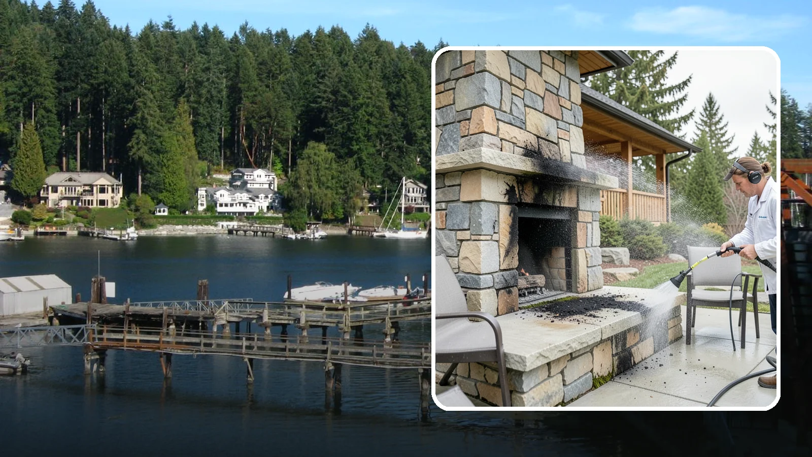 Outdoor Fireplace Cleaning in Gig Harbor, Pierce County, WA - Clean outdoor fireplace masonry to remove soot, smoke staining, and the moss that grows on the shaded stone.