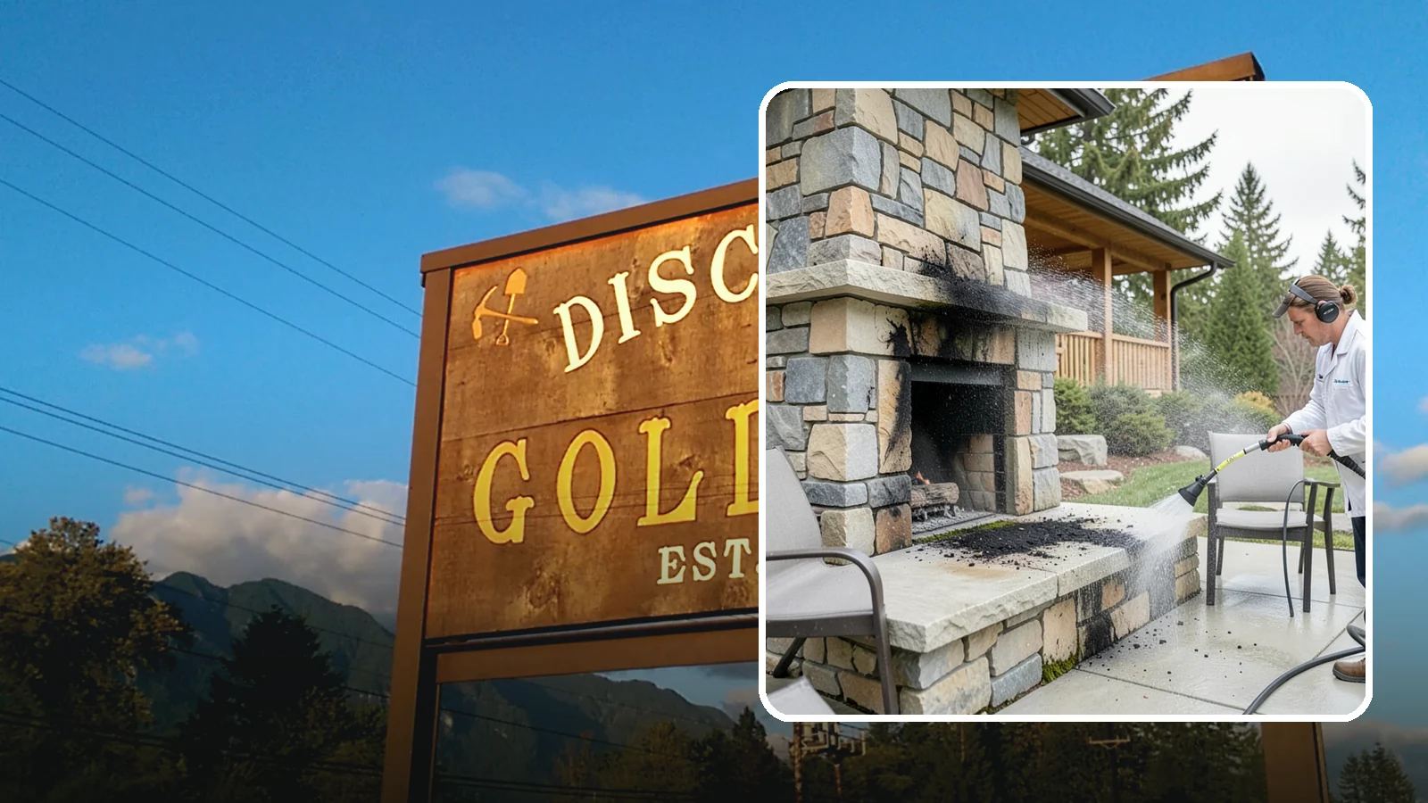 Outdoor Fireplace Cleaning in Gold Bar, Snohomish County, WA - Clean outdoor fireplace masonry to remove soot, smoke staining, and the moss that grows on the shaded stone.