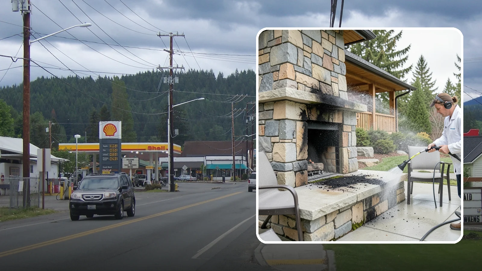 Outdoor Fireplace Cleaning in Granite Falls, Snohomish County, WA - Clean outdoor fireplace masonry to remove soot, smoke staining, and the moss that grows on the shaded stone.