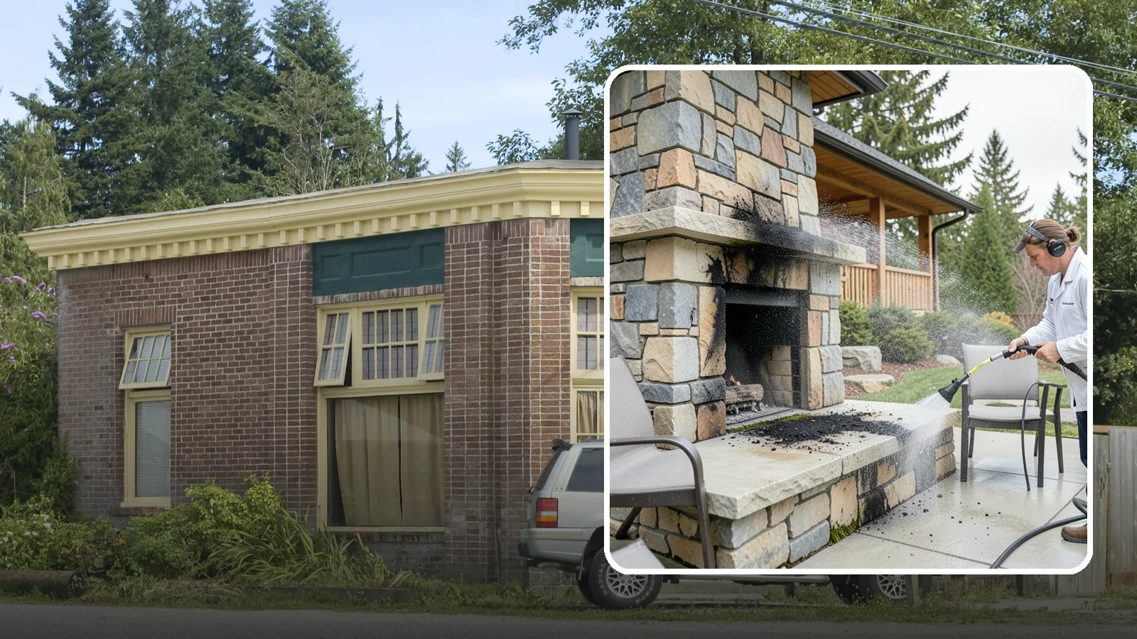 Outdoor Fireplace Cleaning in Hamilton, Skagit County, WA - Clean outdoor fireplace masonry to remove soot, smoke staining, and the moss that grows on the shaded stone.