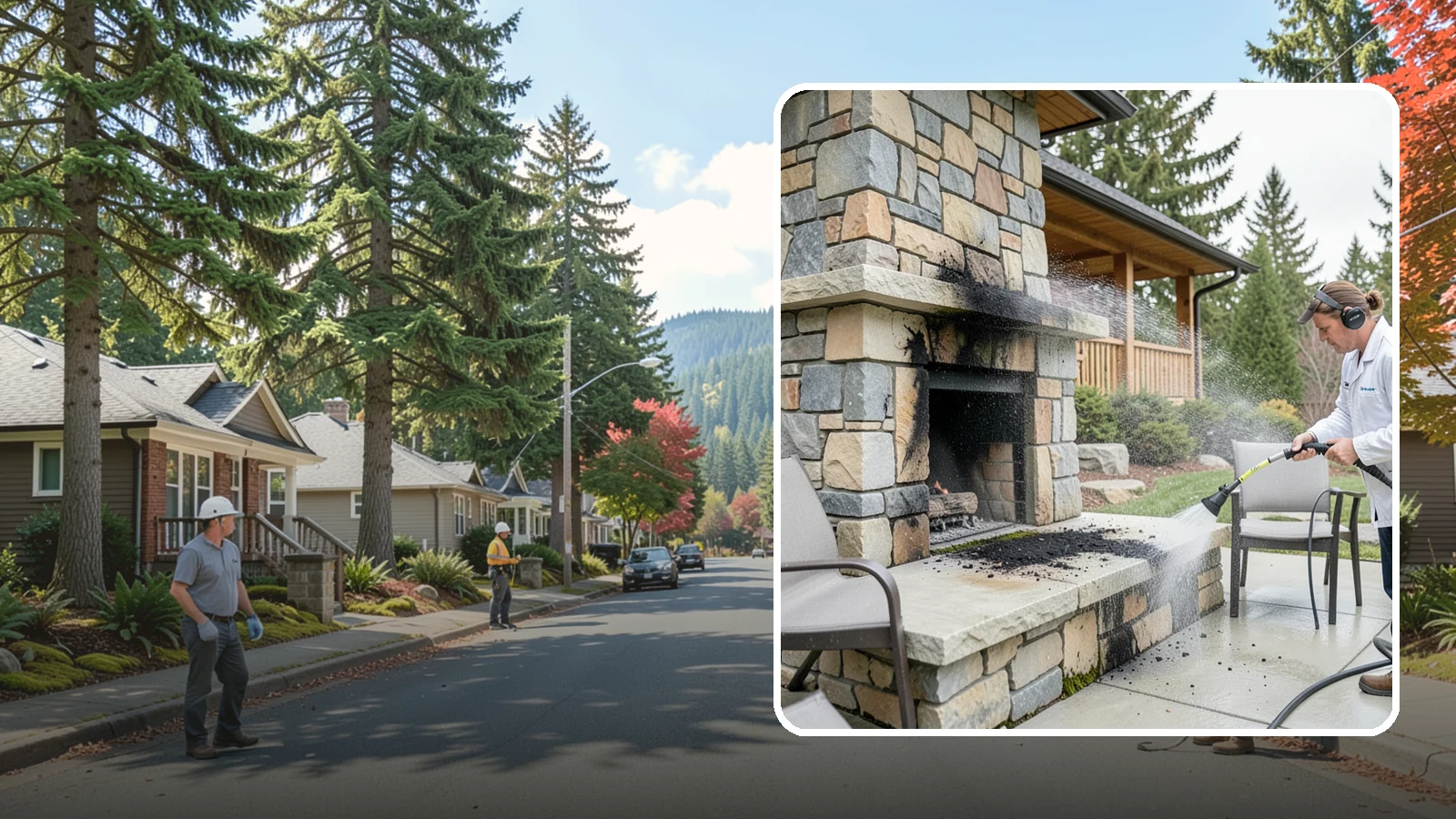 Outdoor Fireplace Cleaning in Hunts Point, King County, WA - Clean outdoor fireplace masonry to remove soot, smoke staining, and the moss that grows on the shaded stone.
