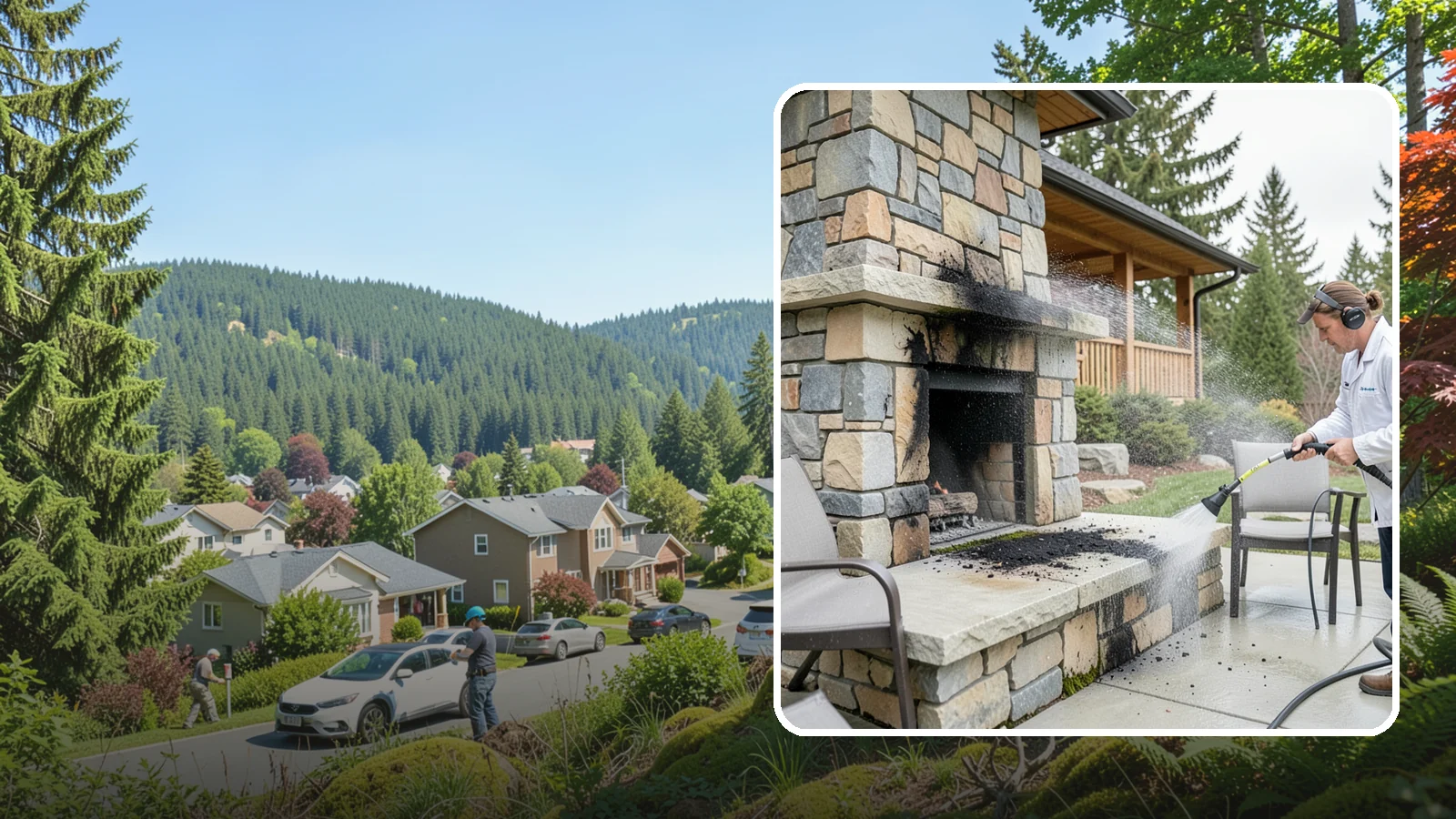 Outdoor Fireplace Cleaning in Index, Snohomish County, WA - Clean outdoor fireplace masonry to remove soot, smoke staining, and the moss that grows on the shaded stone.