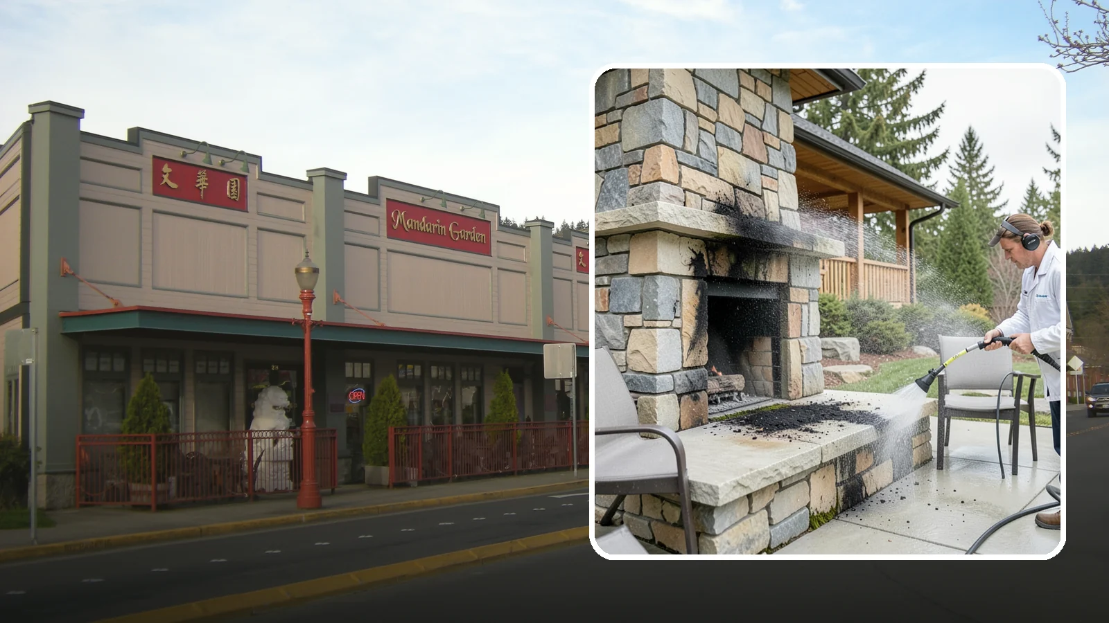 Outdoor Fireplace Cleaning in Issaquah, King County, WA - Clean outdoor fireplace masonry to remove soot, smoke staining, and the moss that grows on the shaded stone.