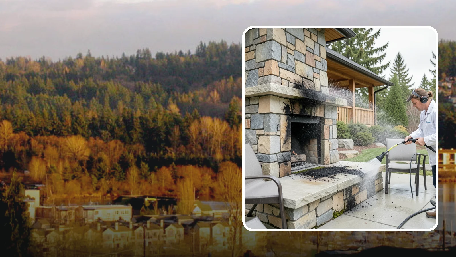 Outdoor Fireplace Cleaning in Kenmore, King County, WA - Clean outdoor fireplace masonry to remove soot, smoke staining, and the moss that grows on the shaded stone.