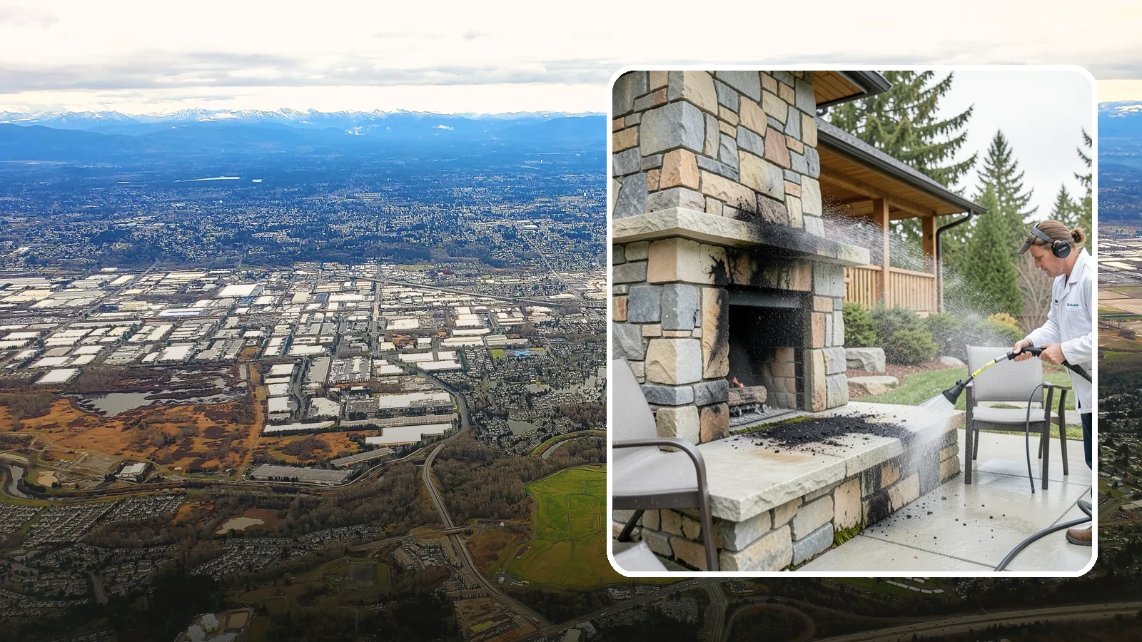 Outdoor Fireplace Cleaning in Kent, King County, WA - Clean outdoor fireplace masonry to remove soot, smoke staining, and the moss that grows on the shaded stone.