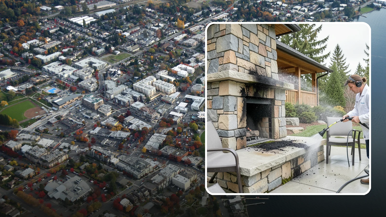 Outdoor Fireplace Cleaning in Kirkland, King County, WA - Clean outdoor fireplace masonry to remove soot, smoke staining, and the moss that grows on the shaded stone.