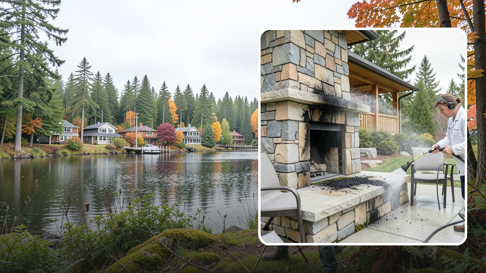 Outdoor Fireplace Cleaning in La Conner, Skagit County, WA - Clean outdoor fireplace masonry to remove soot, smoke staining, and the moss that grows on the shaded stone.