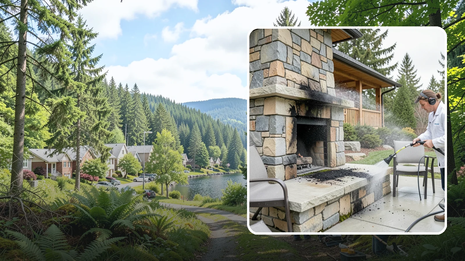 Outdoor Fireplace Cleaning in Lake Forest Park, King County, WA - Clean outdoor fireplace masonry to remove soot, smoke staining, and the moss that grows on the shaded stone.