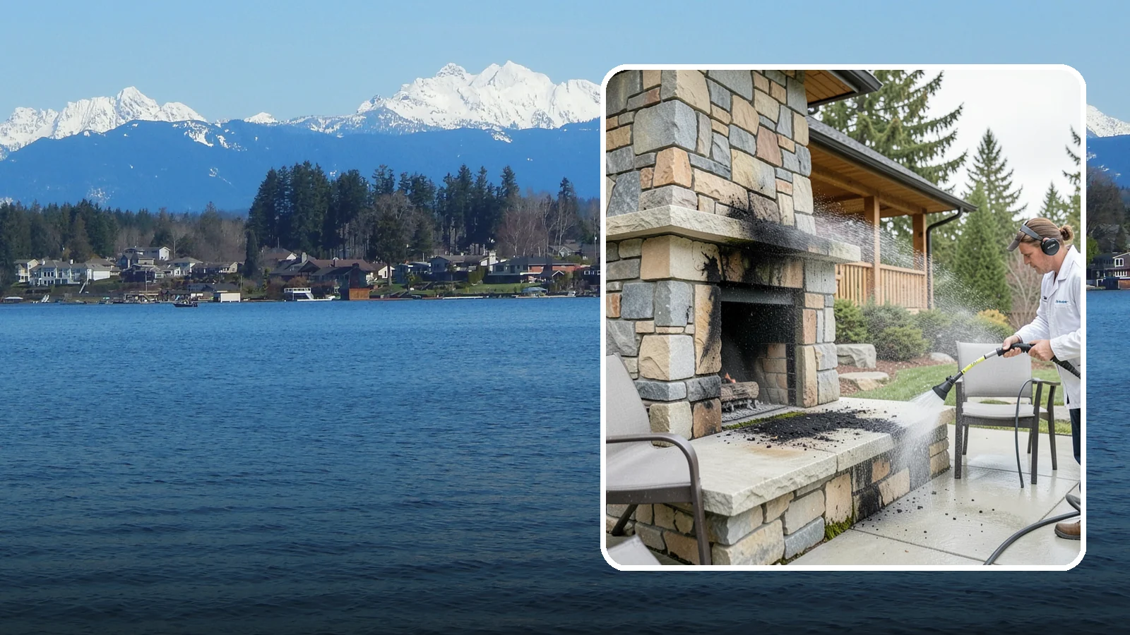 Outdoor Fireplace Cleaning in Lake Stevens, Snohomish County, WA - Clean outdoor fireplace masonry to remove soot, smoke staining, and the moss that grows on the shaded stone.