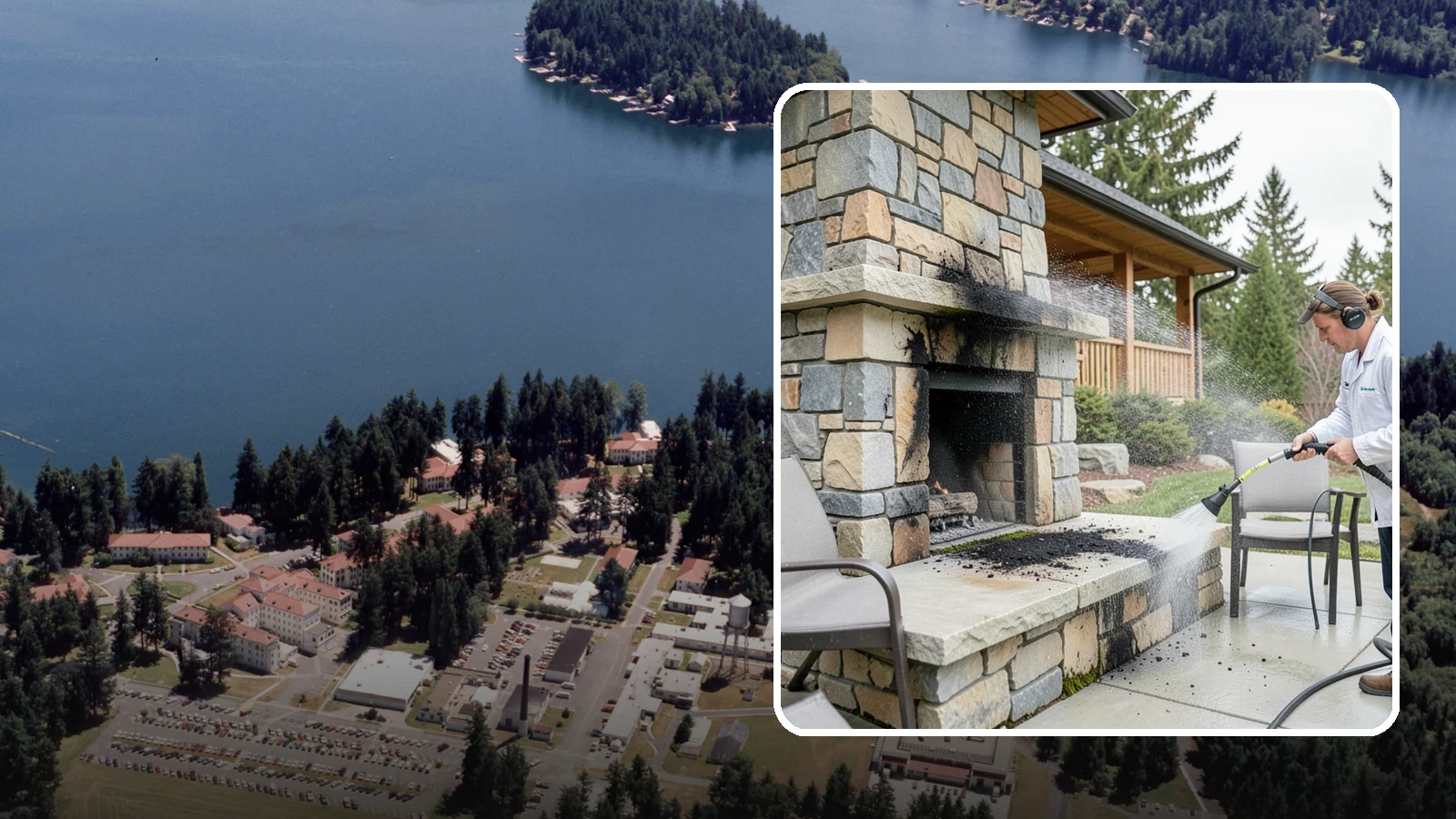 Outdoor Fireplace Cleaning in Lakewood, Pierce County, WA - Clean outdoor fireplace masonry to remove soot, smoke staining, and the moss that grows on the shaded stone.