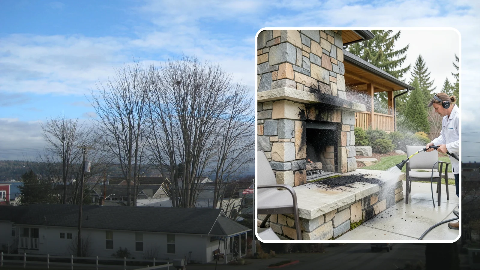 Outdoor Fireplace Cleaning in Langley, Island County, WA - Clean outdoor fireplace masonry to remove soot, smoke staining, and the moss that grows on the shaded stone.