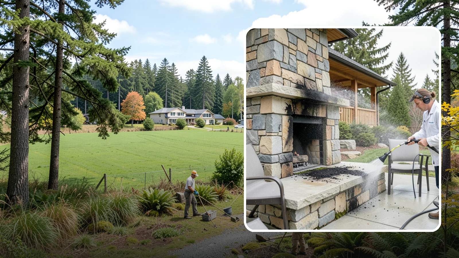 Outdoor Fireplace Cleaning in Lyman, Skagit County, WA - Clean outdoor fireplace masonry to remove soot, smoke staining, and the moss that grows on the shaded stone.